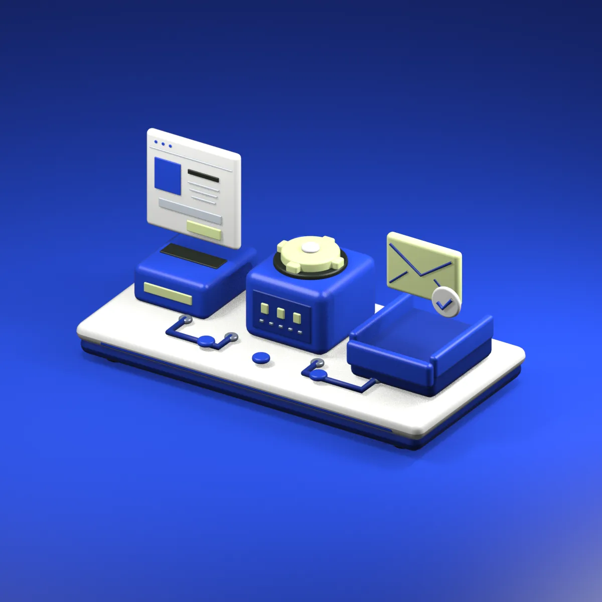 Een 3D-werkbank: een websitekaart gaat een machine in, verbonden modules verwerken de aanvraag en een envelop met vinkje verschijnt in de inbox.